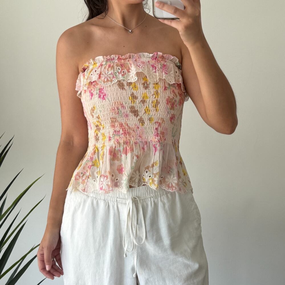 Polo Ralph Lauren Top Small Floral Strapless Smocked Eyelet Coquette Romantic - Picture 3 of 8